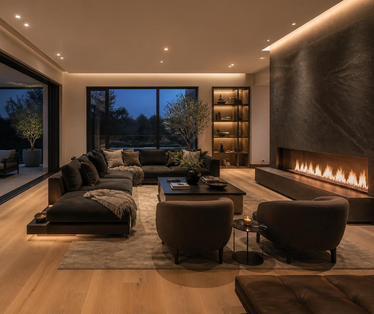 Living room after luxury renovation with oak floors and linear fireplace