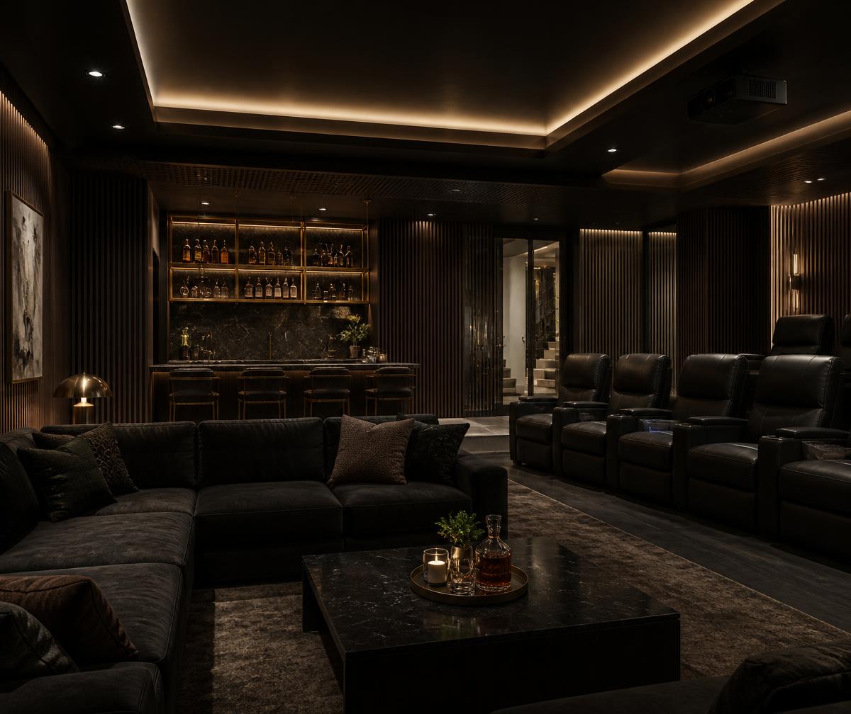 Finished luxury basement lounge with bar and home cinema seating