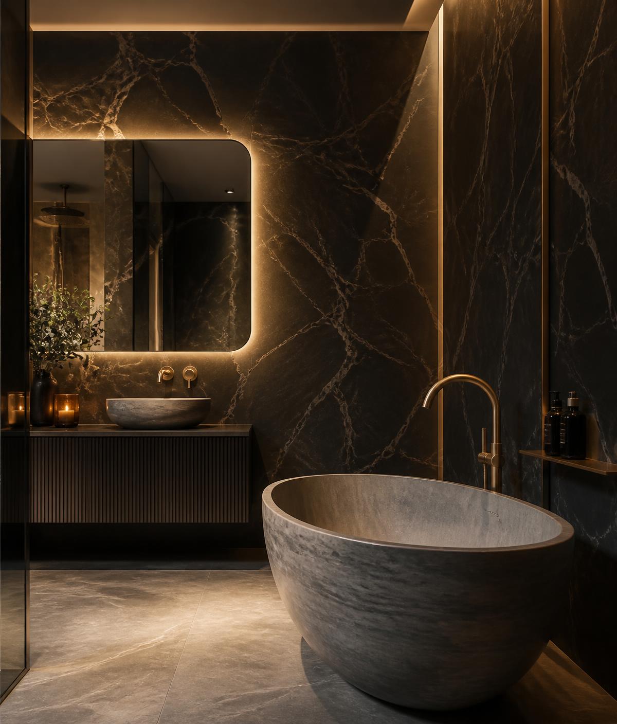 Designer bathroom with dark marble walls and stone freestanding tub