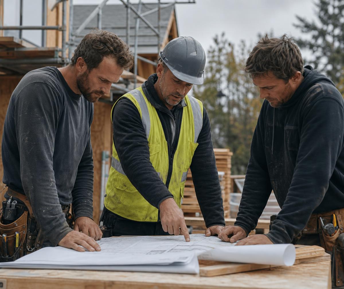 Construction crew reviewing plans on site