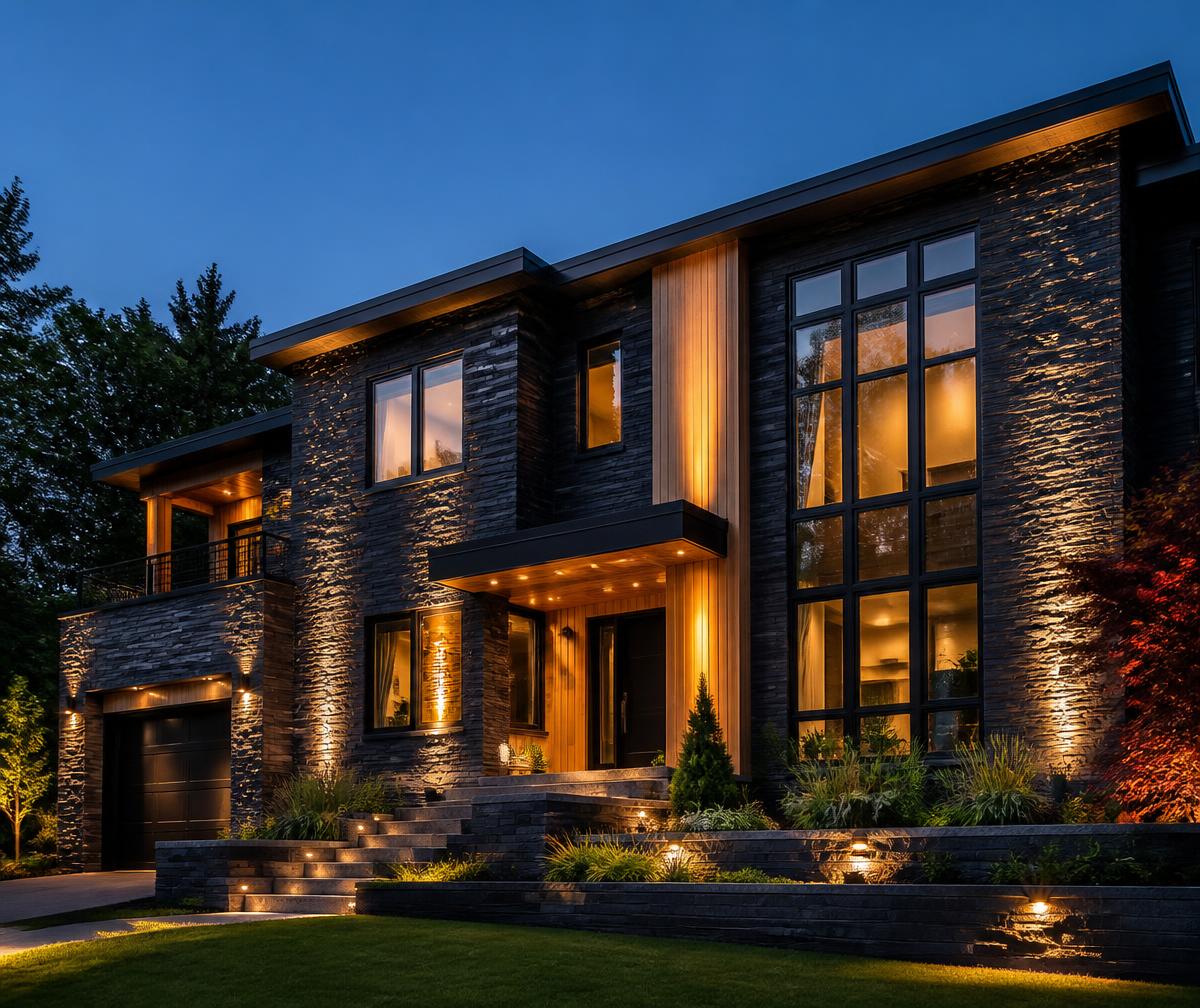 Modern stone and cedar home exterior renovation lit at twilight