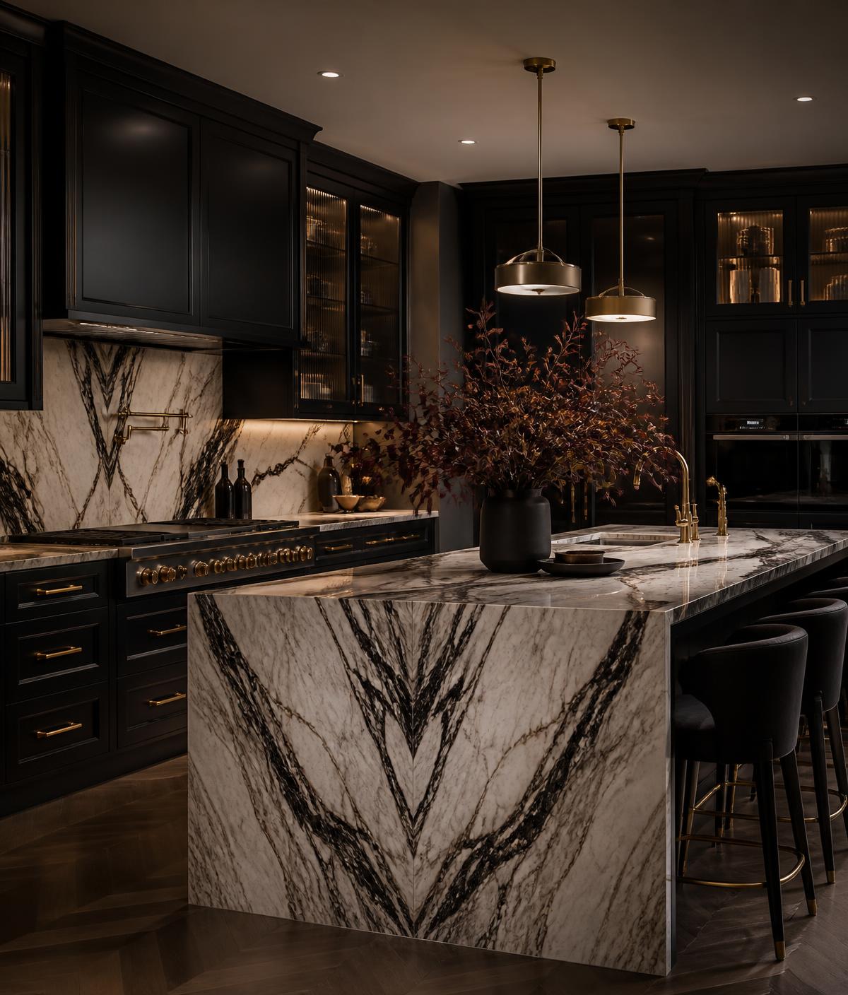 Luxury custom kitchen with black cabinetry and marble waterfall island