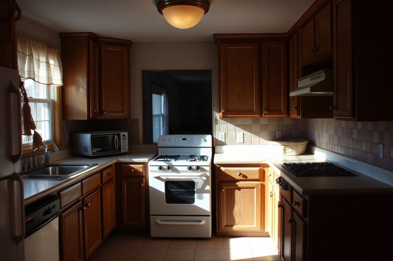 Dated kitchen before renovation with old cabinets and low ceiling
