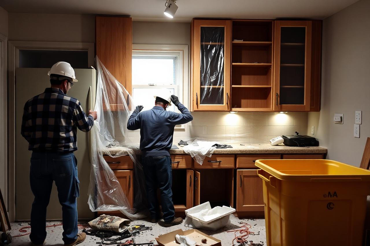 Construction workers in hard hats inside a gutted interior with exposed studs and dust sheeting
