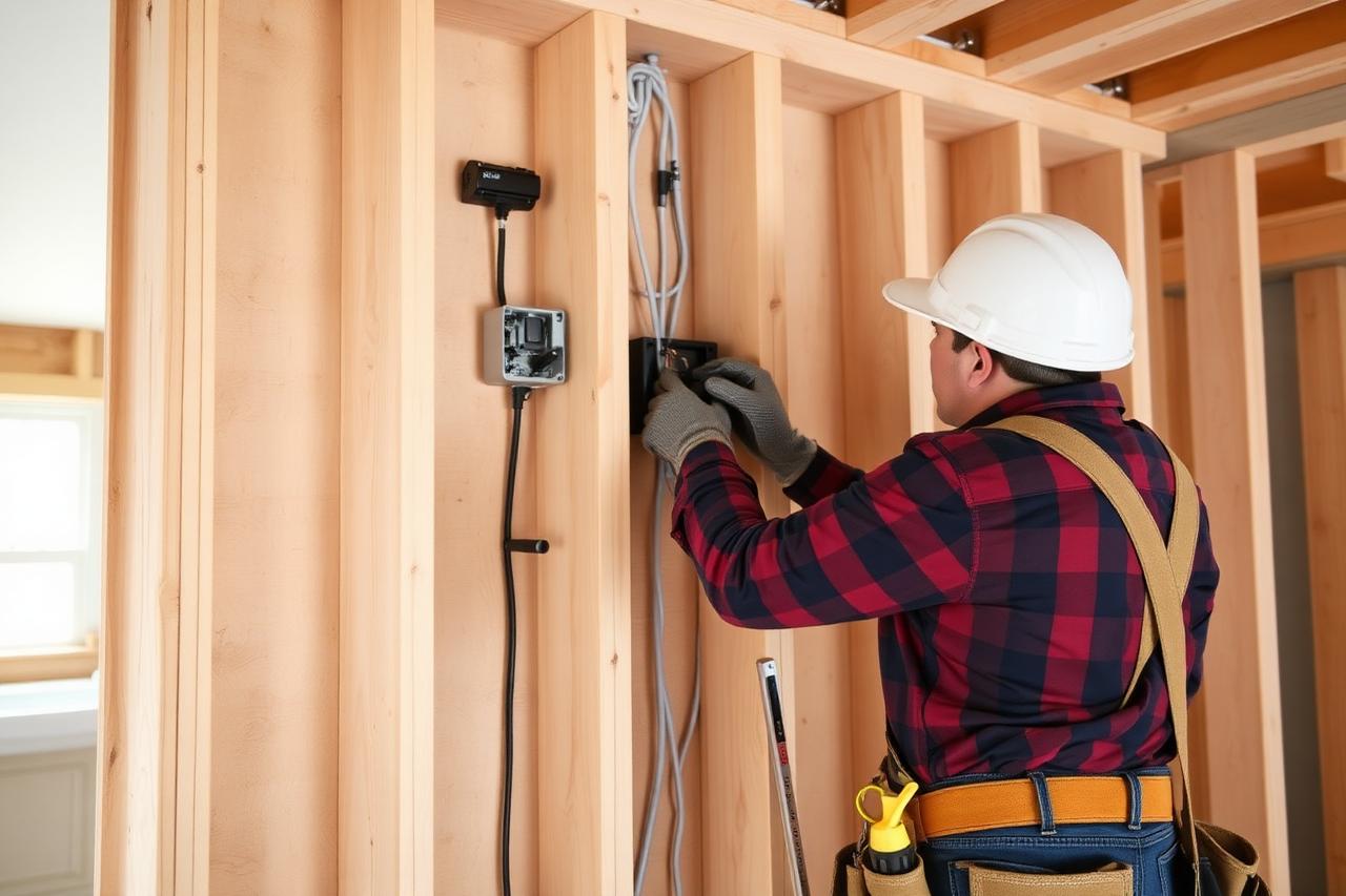 Electrician running new wiring through exposed stud walls during renovation
