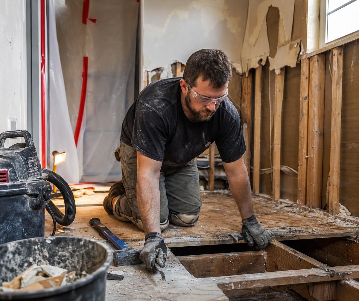 Interior stripped back to wood framing during a bathroom demolition