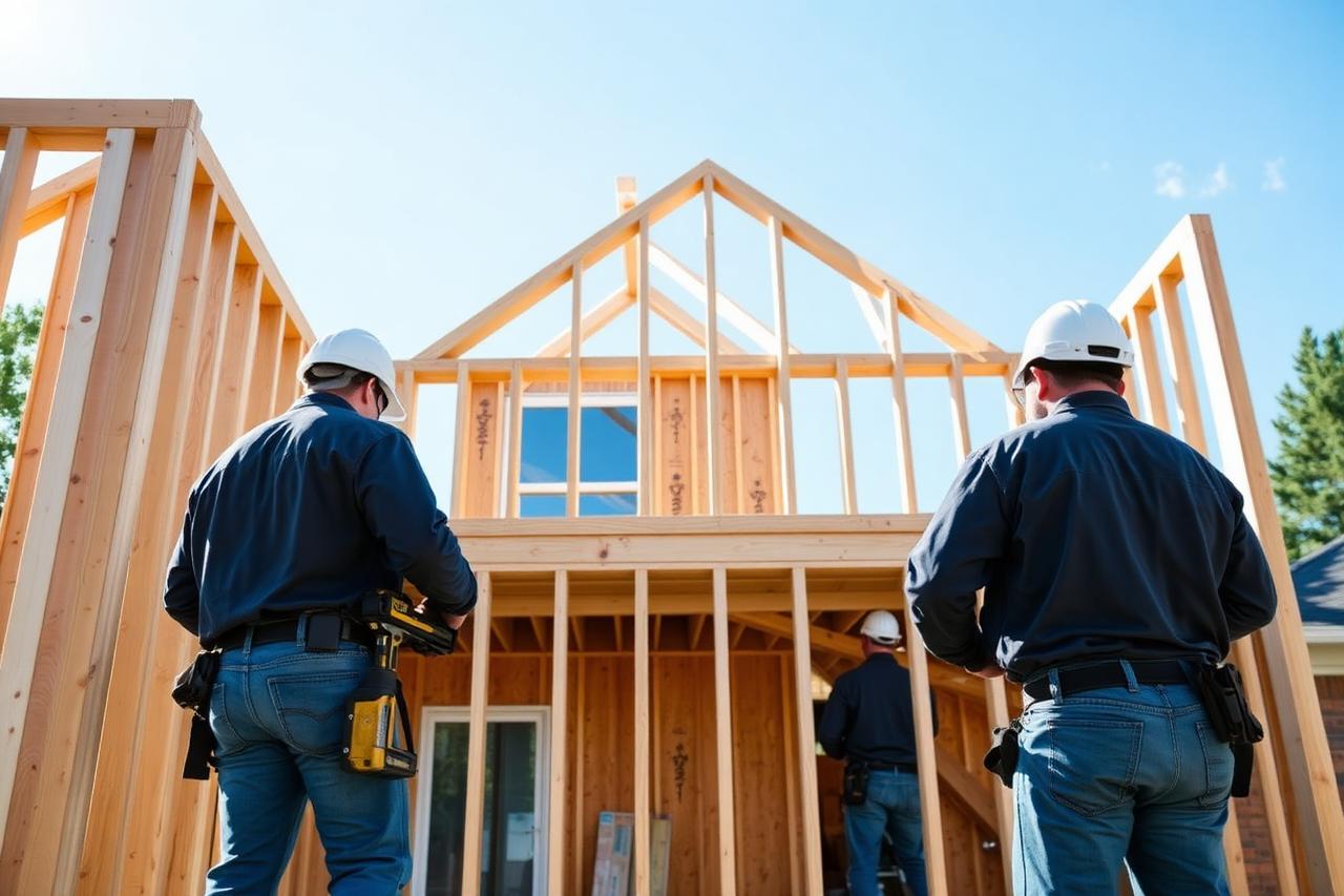 Carpenters framing timber walls and roof trusses of a house under construction