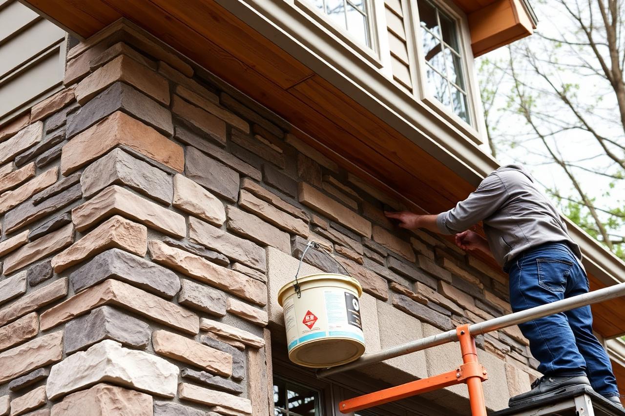 Mason laying natural stone cladding on a house facade with trowel and mortar