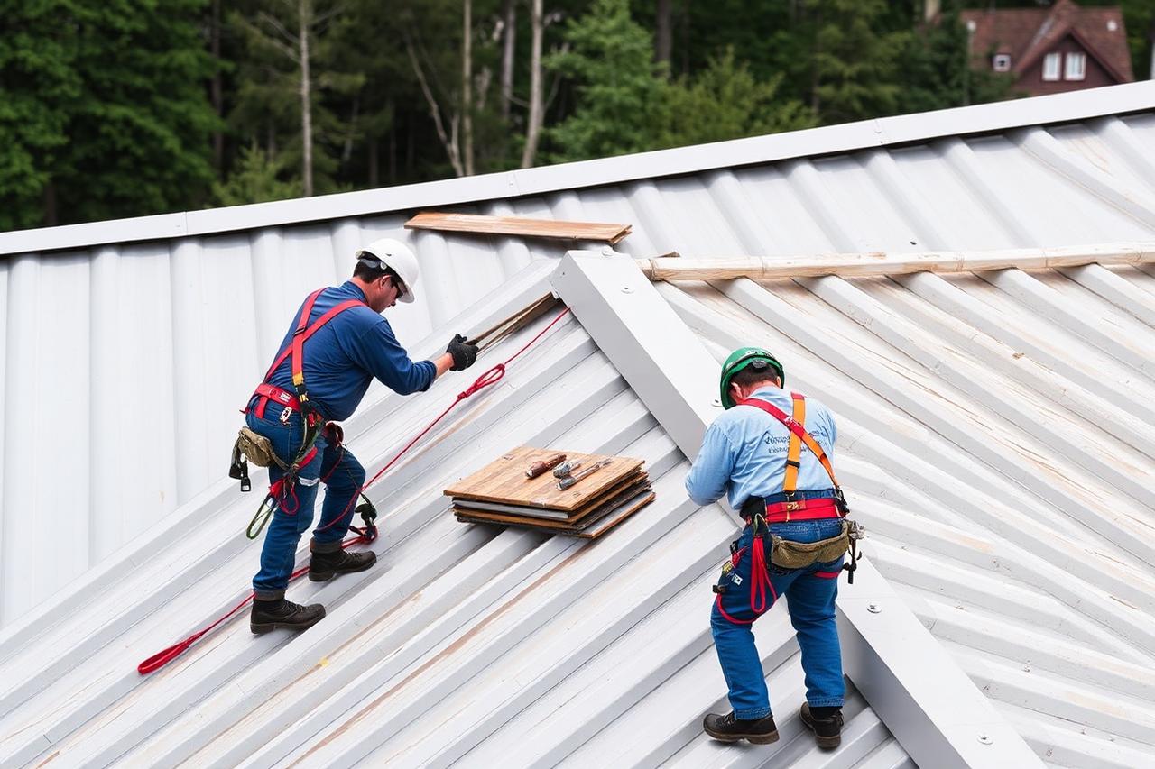 Roofers installing a modern standing-seam metal roof on a home