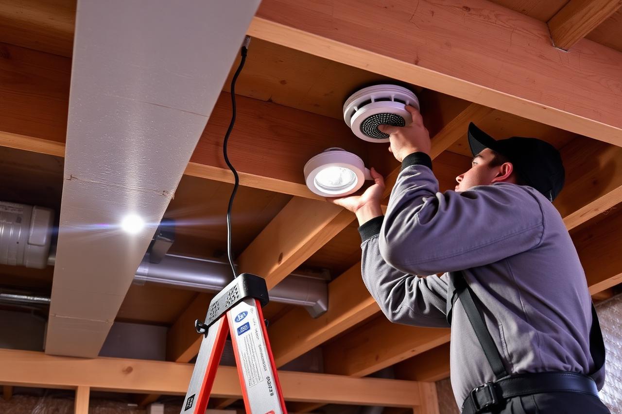 Electrician wiring lighting circuits in framed basement walls