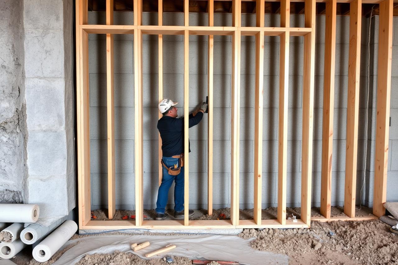 Carpenters framing new interior stud walls during a basement build