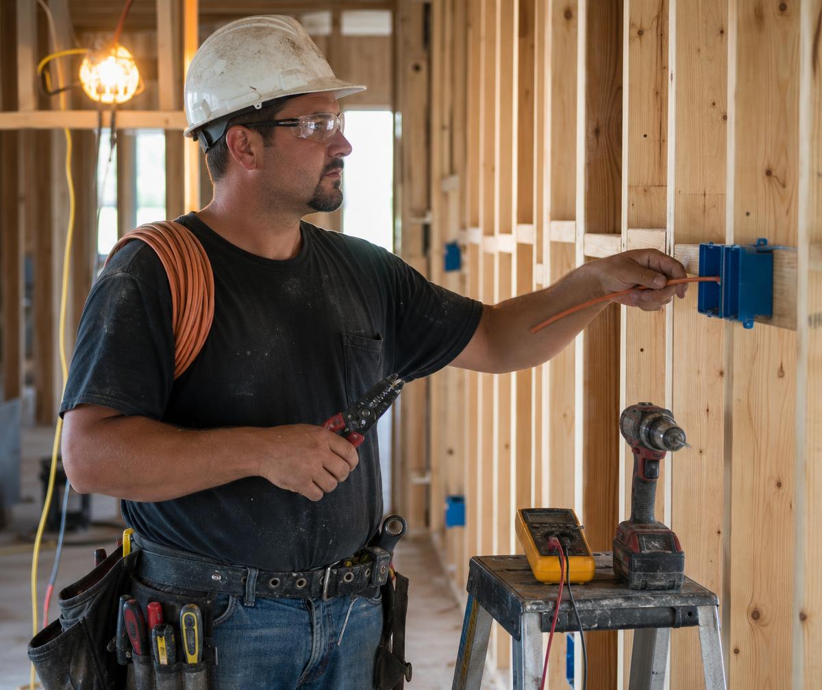 Electrician wiring a wall