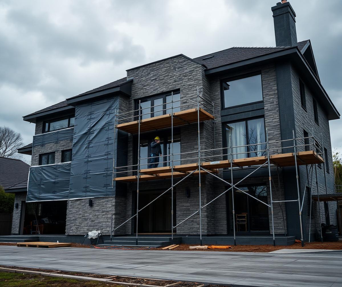 Home exterior under renovation with scaffolding