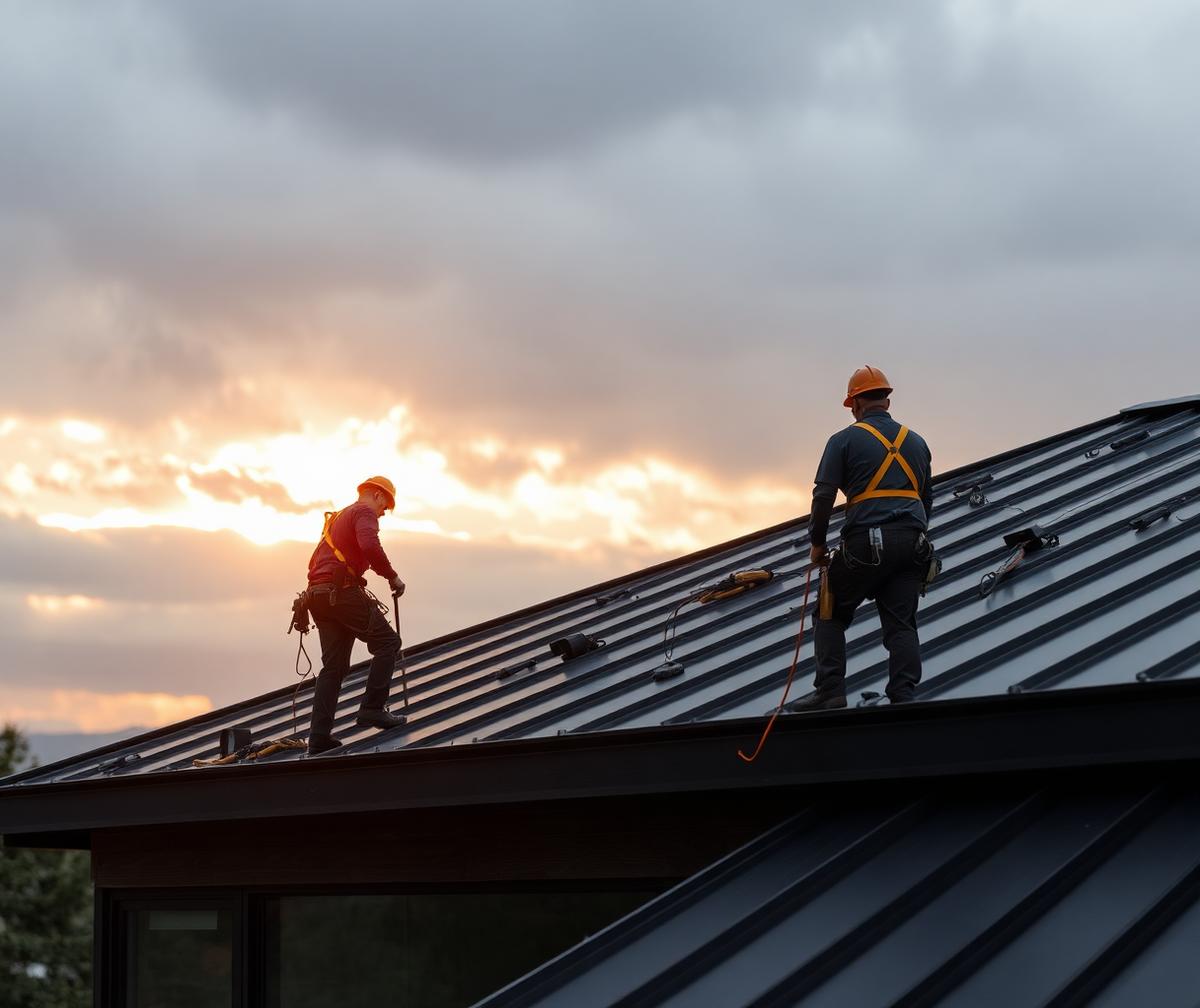 Roofers on a metal roof