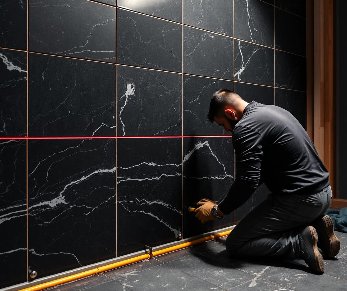 Tile setter installing marble
