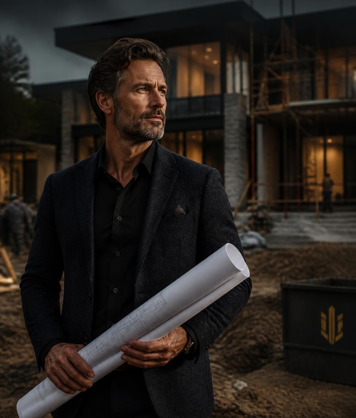 Aureon Build project manager with blueprints on a luxury residential site