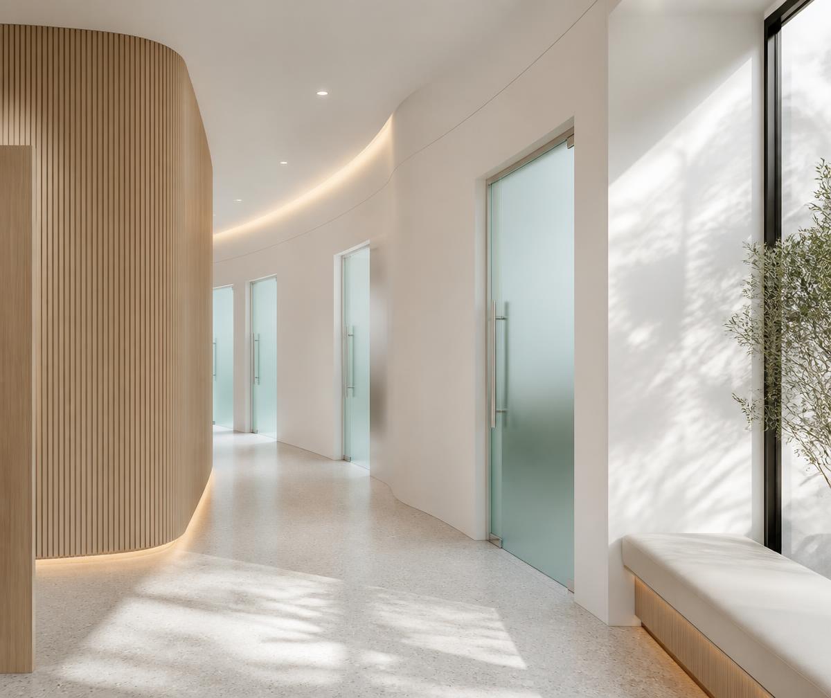 Bright clinic corridor with frosted glass treatment room doors