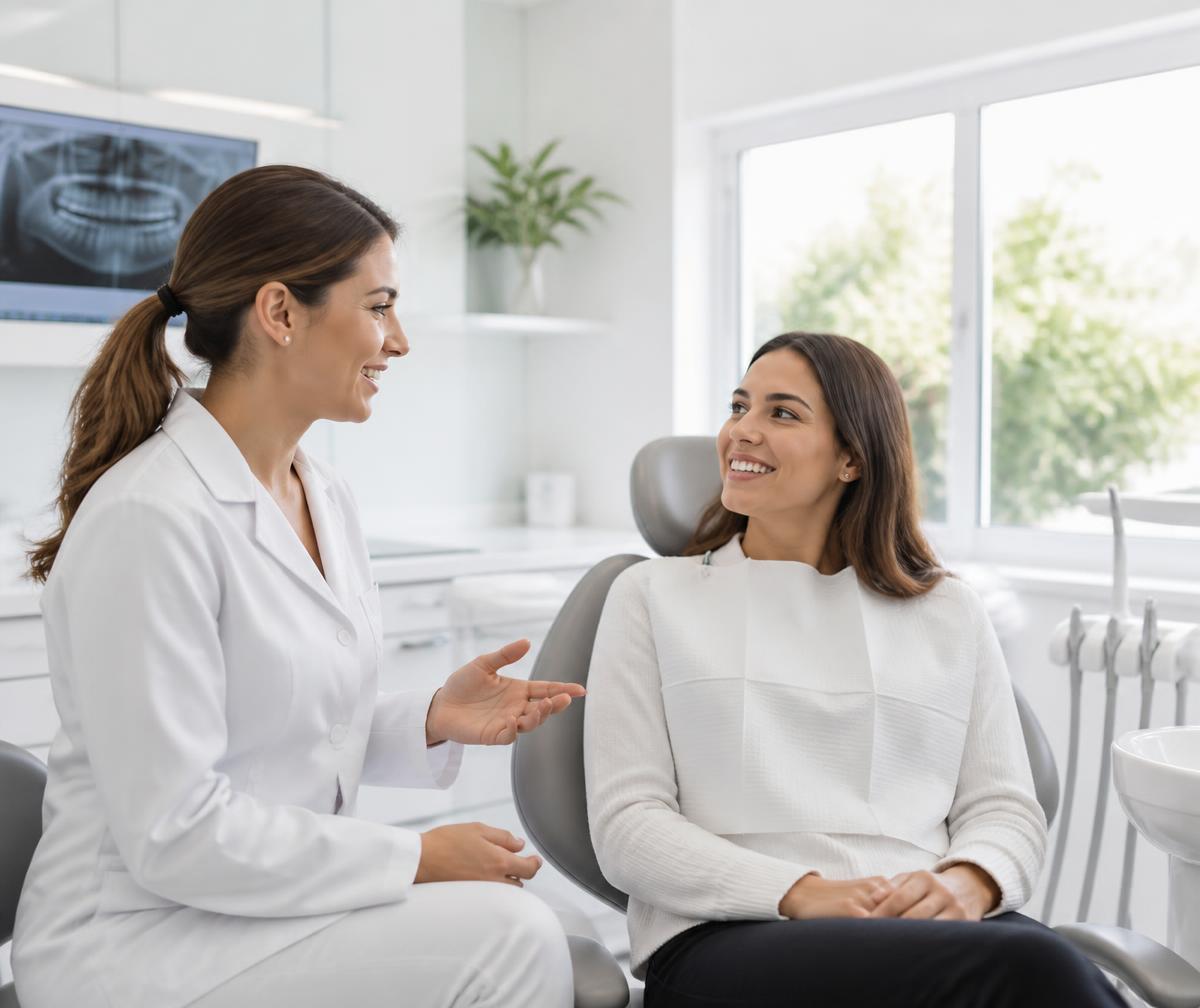 Dentist explaining a treatment plan to a relaxed smiling patient