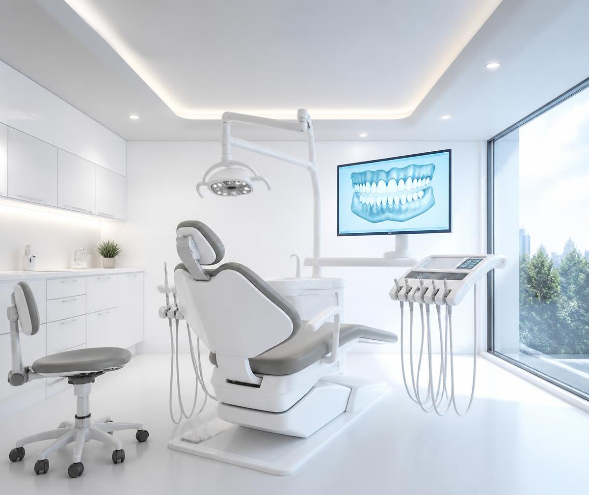 Bright modern dental treatment room with daylight