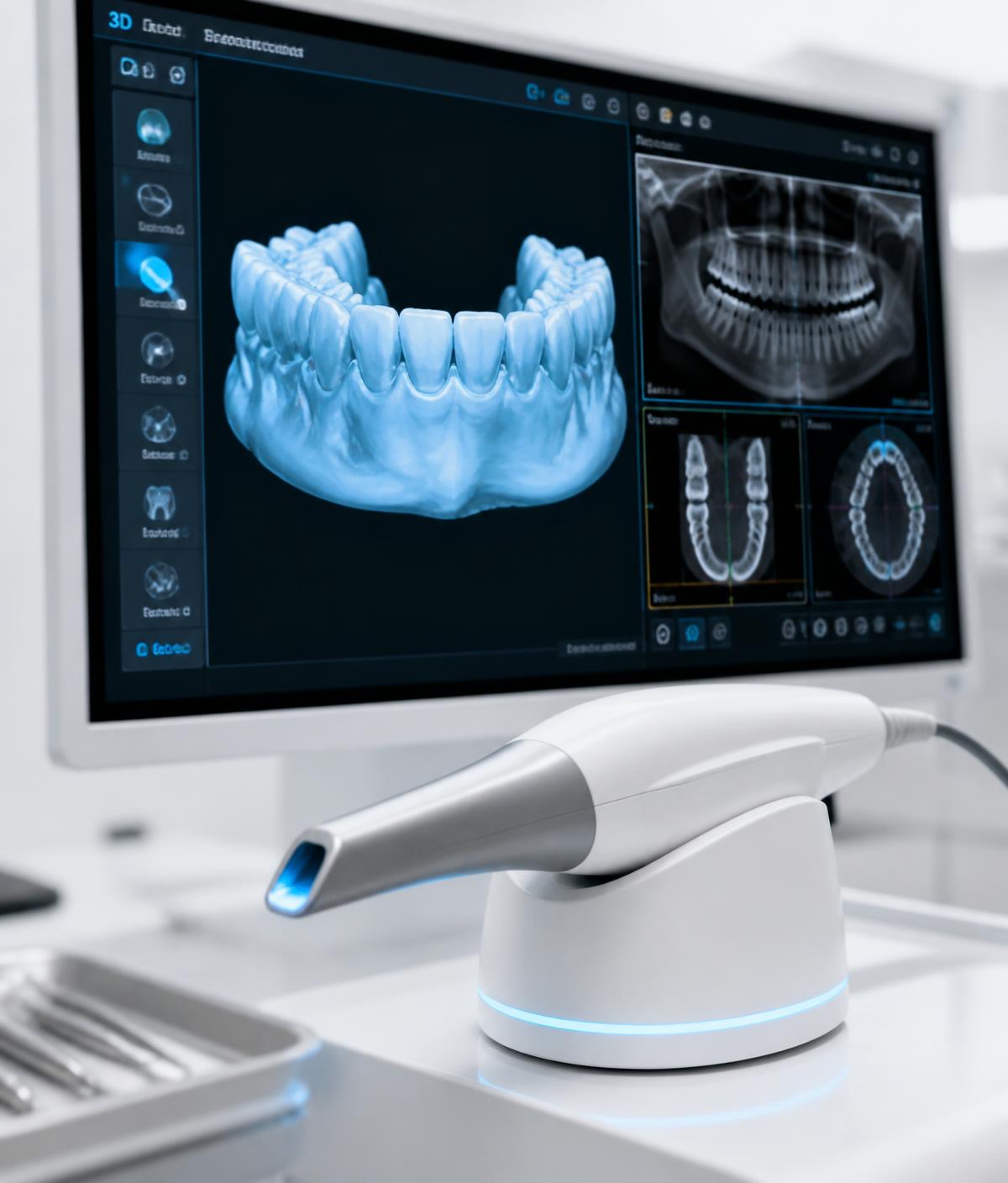 Digital intraoral scanner beside a monitor showing a 3D dental scan