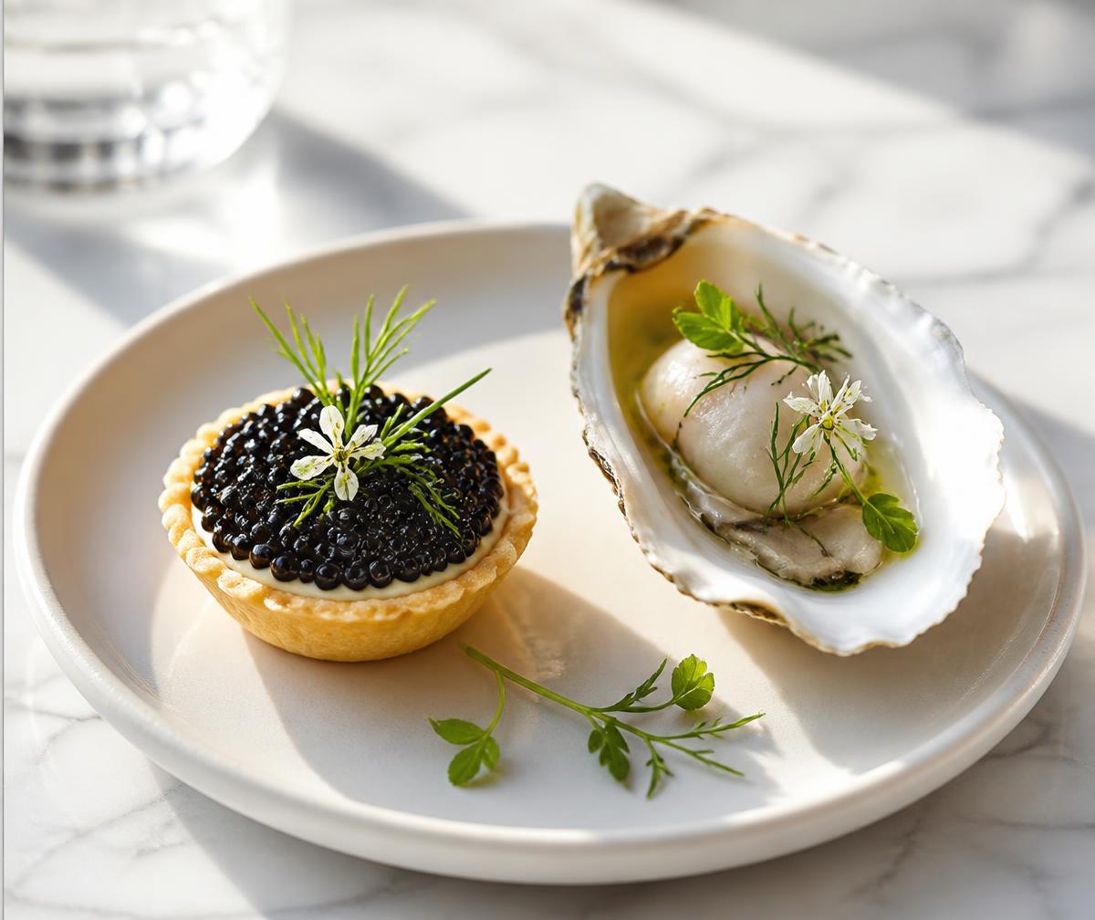 Caviar tartlet and oyster plated on pale ceramic over bright marble