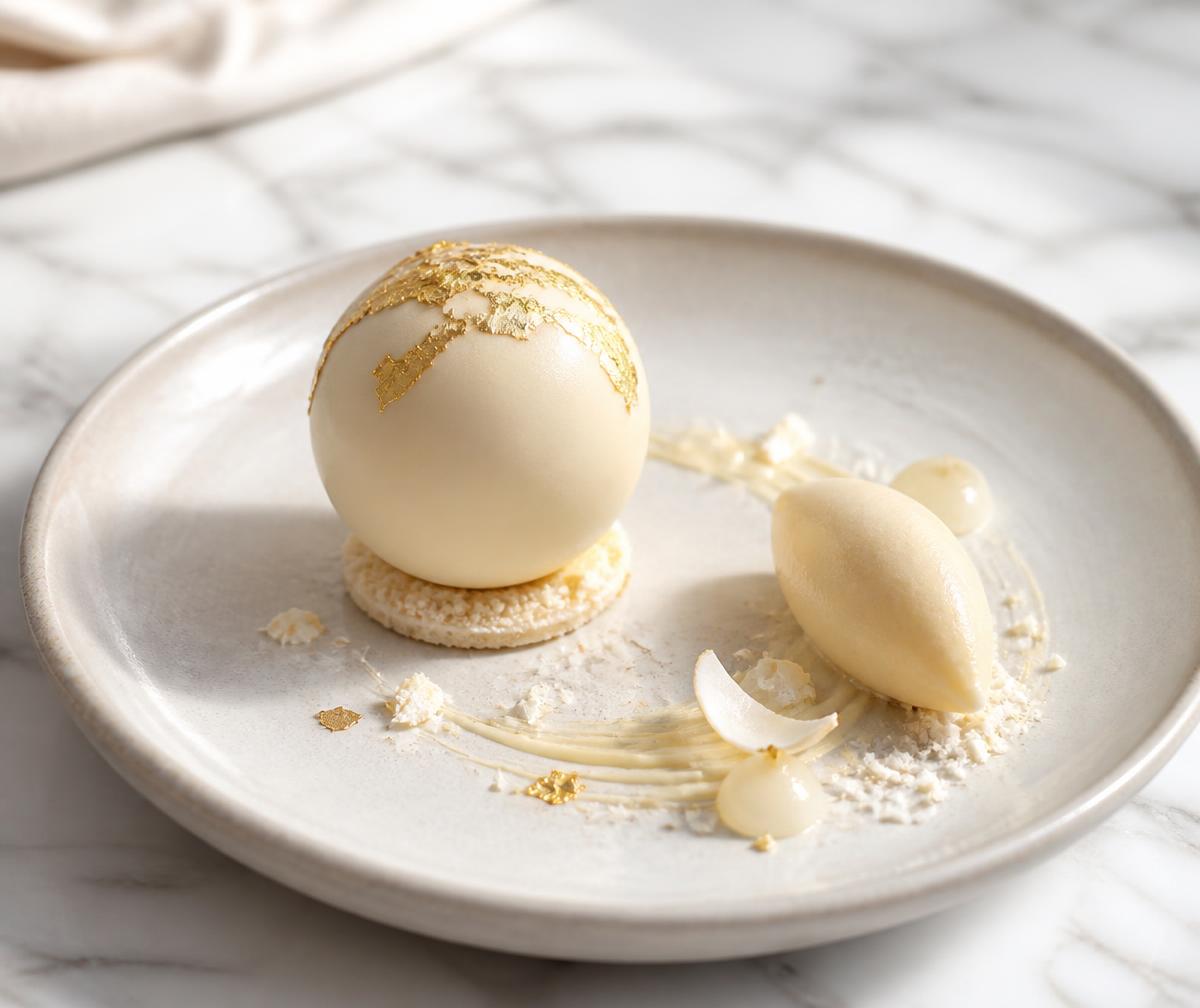White chocolate sphere dessert with gold leaf and sorbet