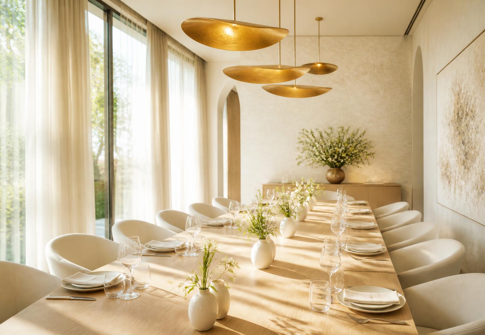 Bright private dining room with a long pale oak table and gold pendant lights