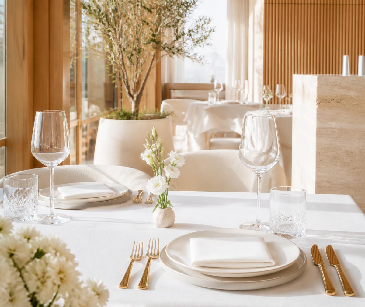 Sunlit dining table with crystal glassware, ivory linen and gold cutlery