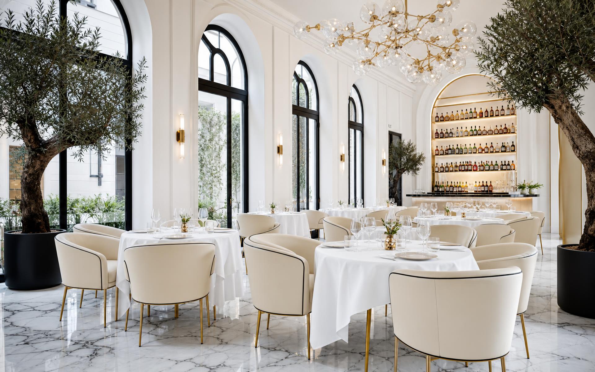 Bright white fine dining room with tall arched windows, marble floor, white linen tables and a brass chandelier
