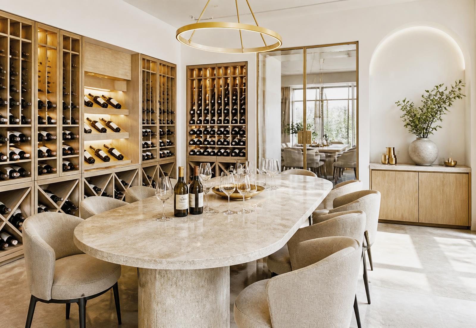 Bright wine room with pale oak racks and a light stone tasting table