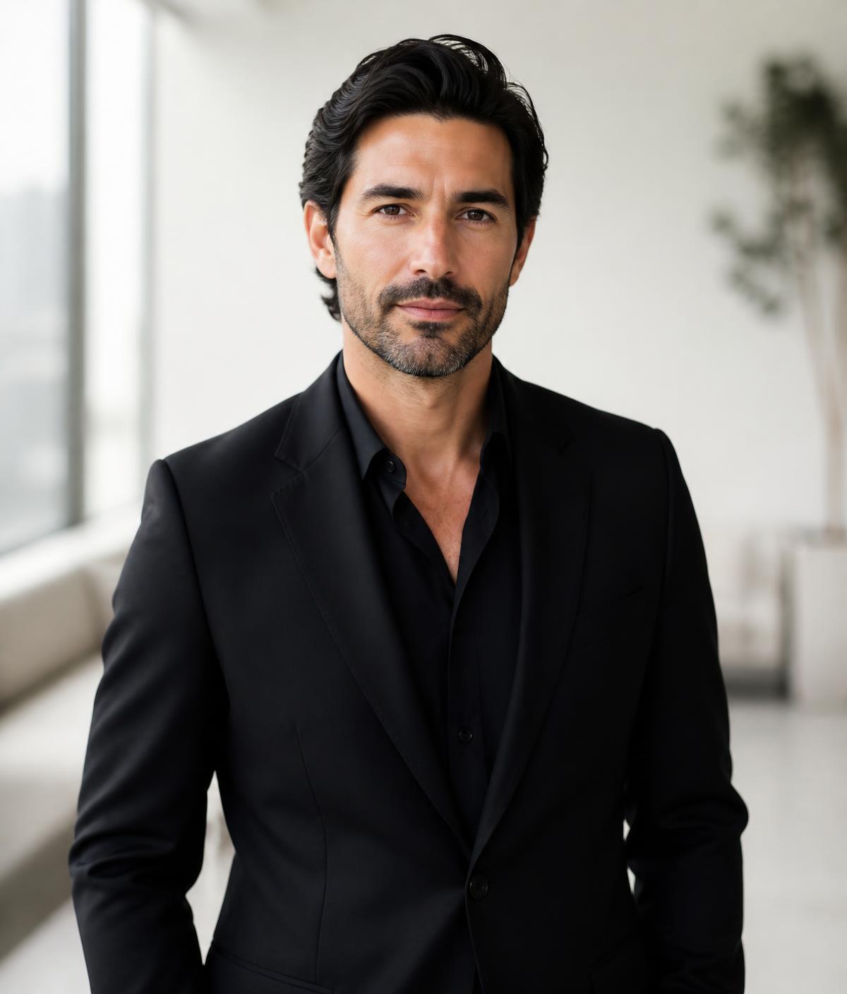 Portrait of a distinguished male real estate advisor in a black suit