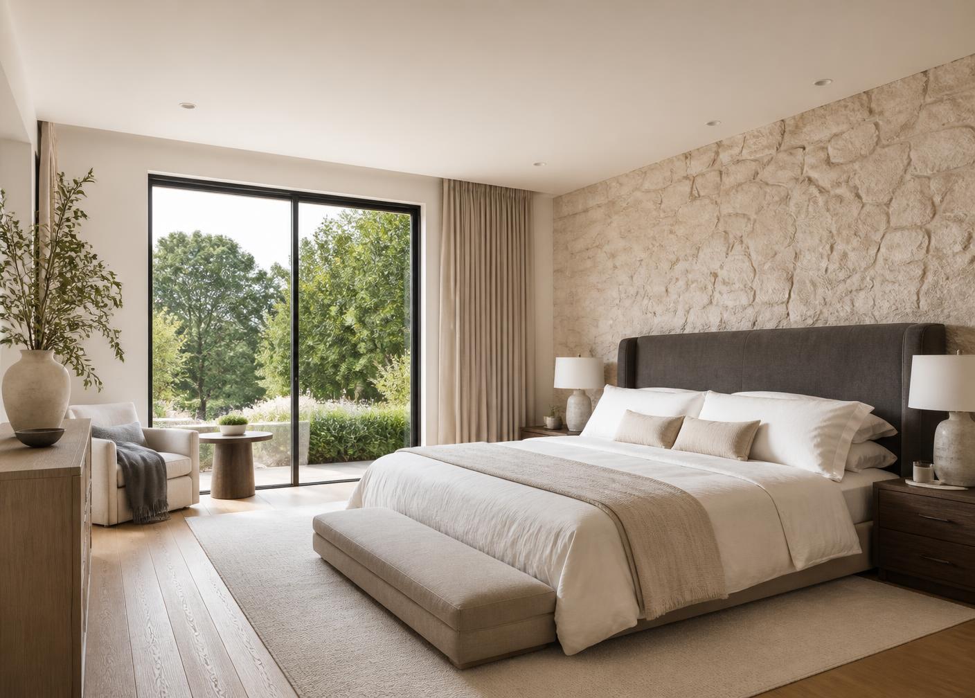 Serene primary bedroom suite with natural stone wall