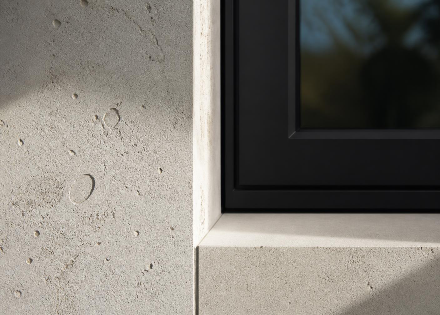 Architectural detail of limestone wall meeting matte black window frame