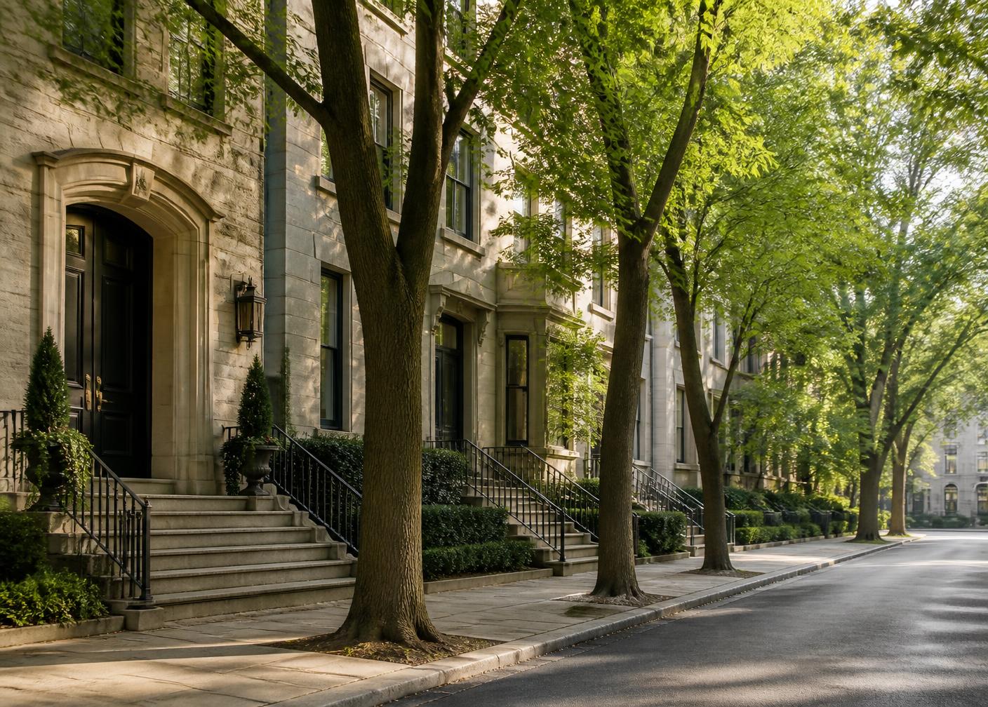 Tree-lined street of historic stone townhouses
