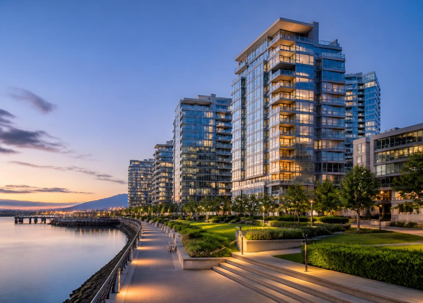 Modern glass condo towers along a waterfront promenade at dusk