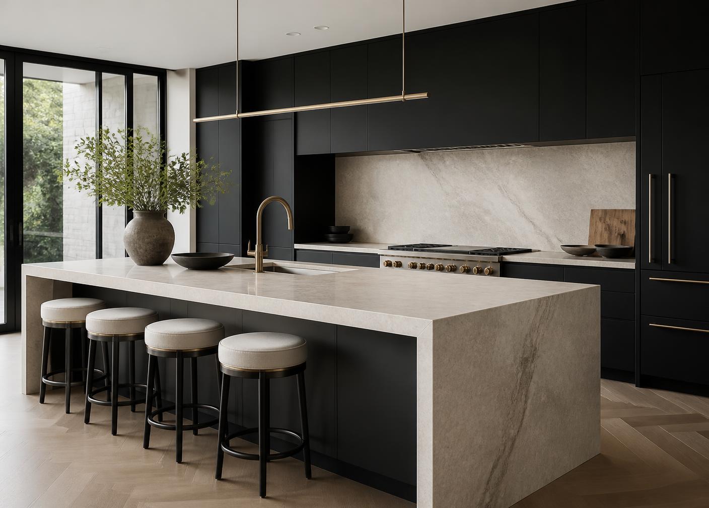 Matte black designer kitchen with warm white stone island