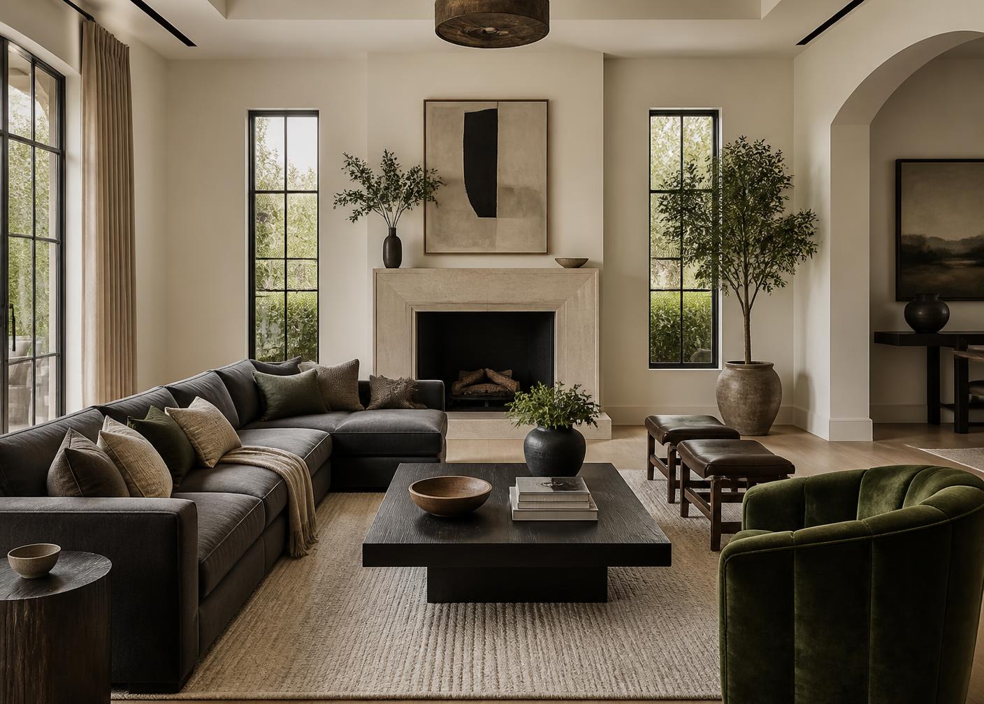 Elegant living room with travertine fireplace and forest green accent chair