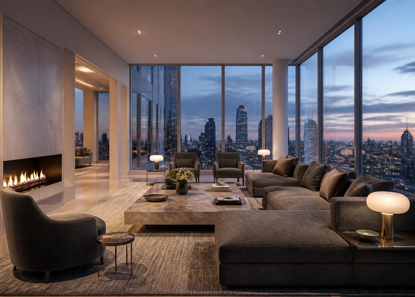 Luxury penthouse living room with panoramic city skyline at dusk