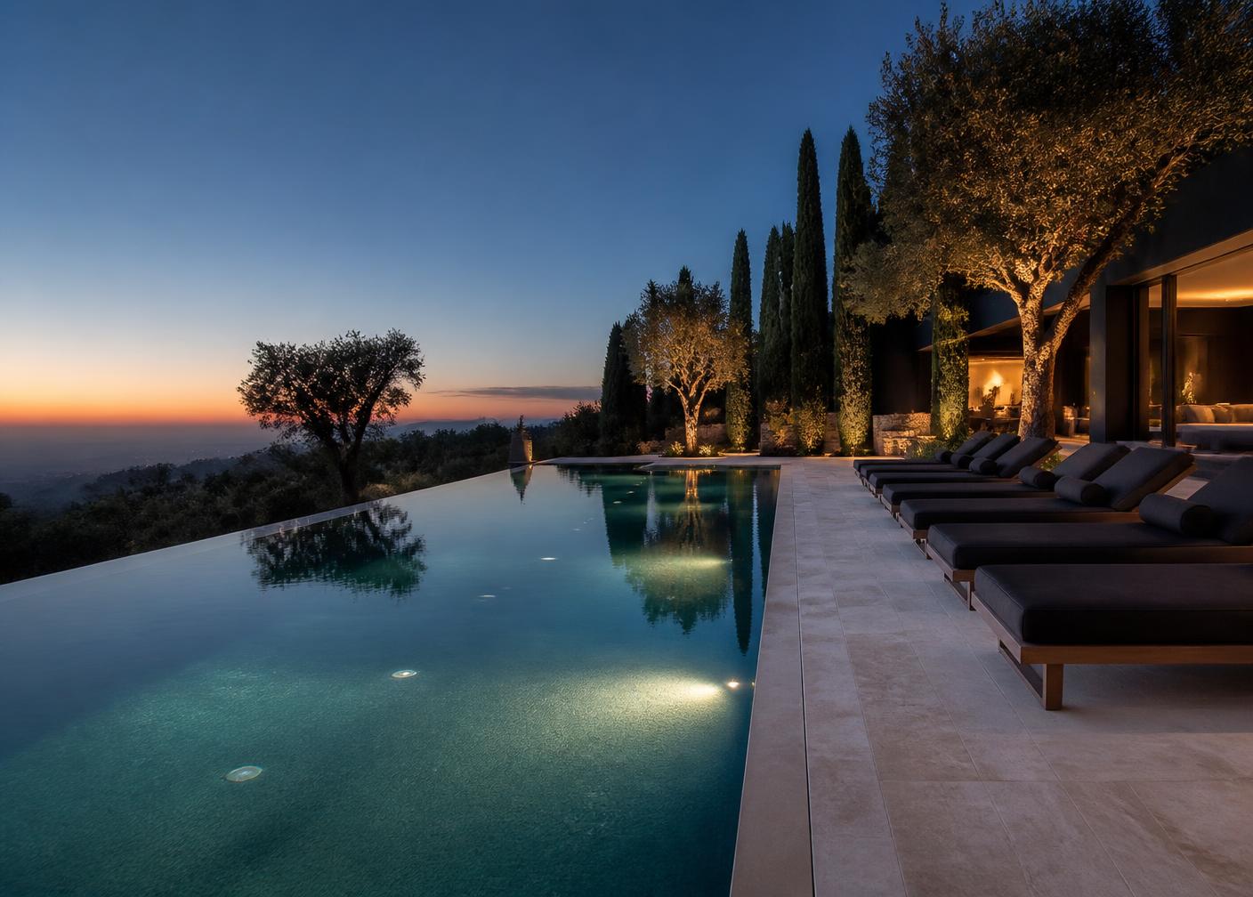 Infinity pool at twilight overlooking a valley