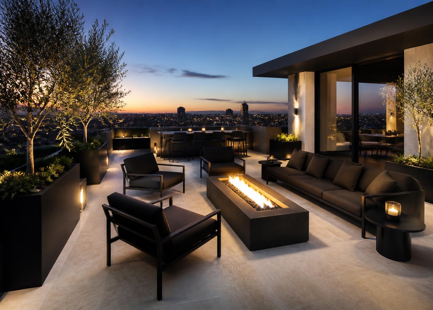 Rooftop terrace with fire feature and city view at dusk