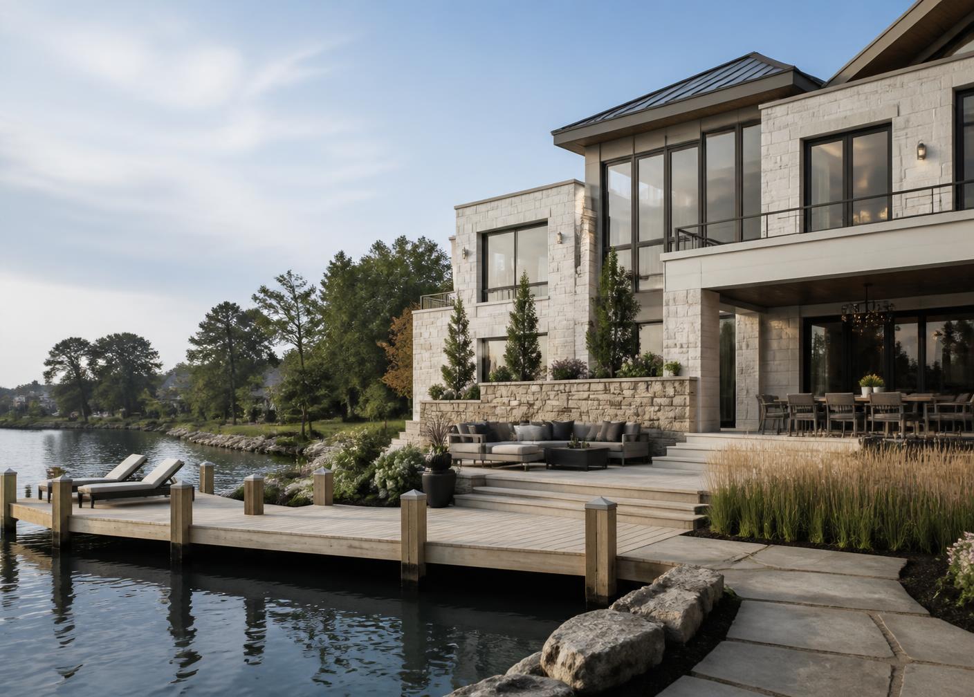 Waterfront luxury villa in warm white stone with private dock