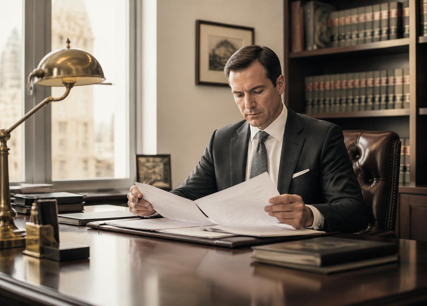 John Carter reviewing documents at his desk in a private law office
