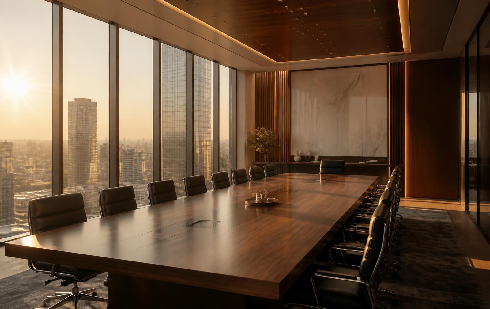Executive boardroom with a walnut table at golden hour