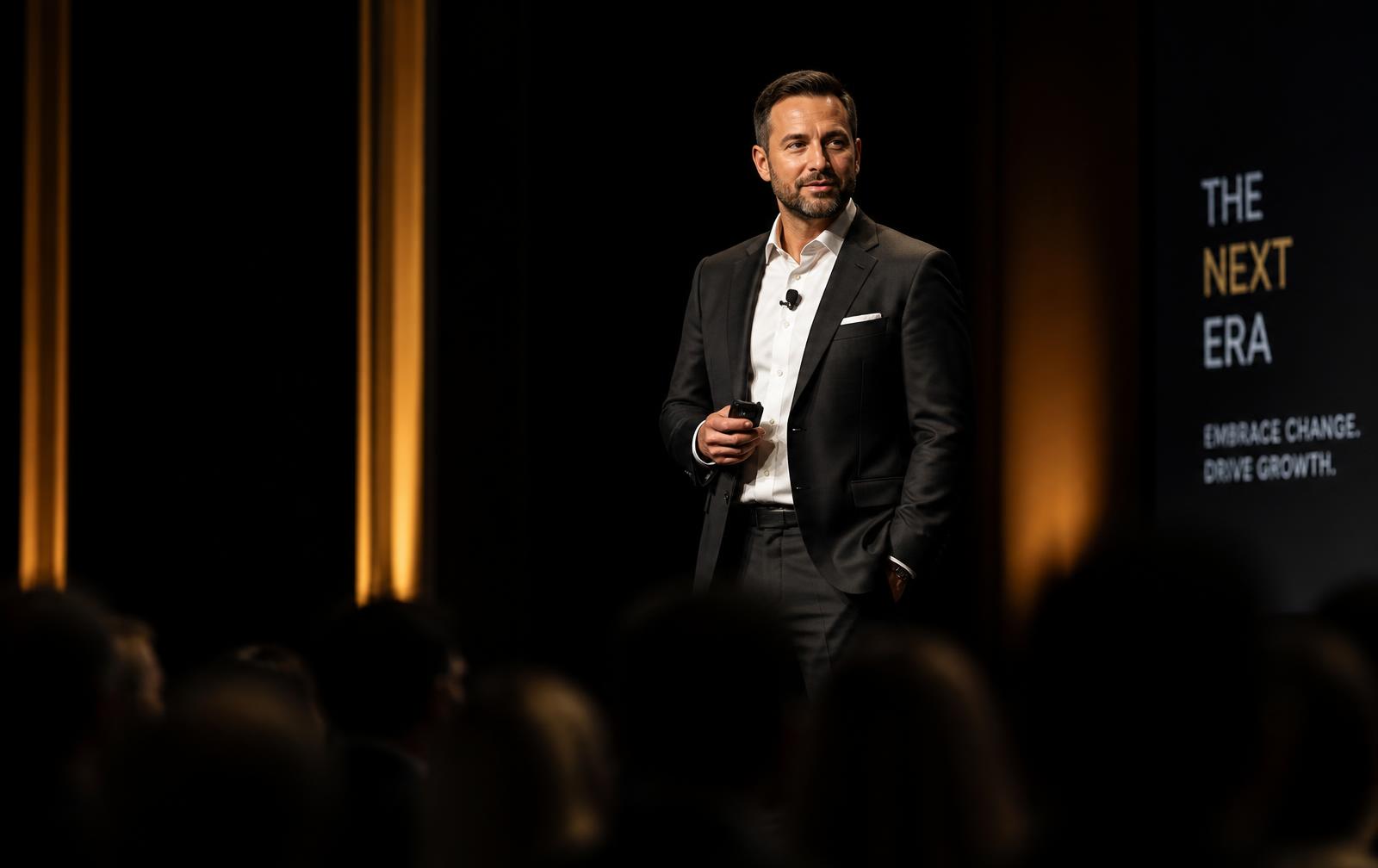 John Carter delivering a keynote address on a dimly lit stage